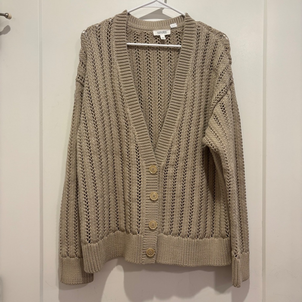 Haven Well Within Tan Beige Open Knit Pointelle Cardigan Sweater V-Neck Womens L